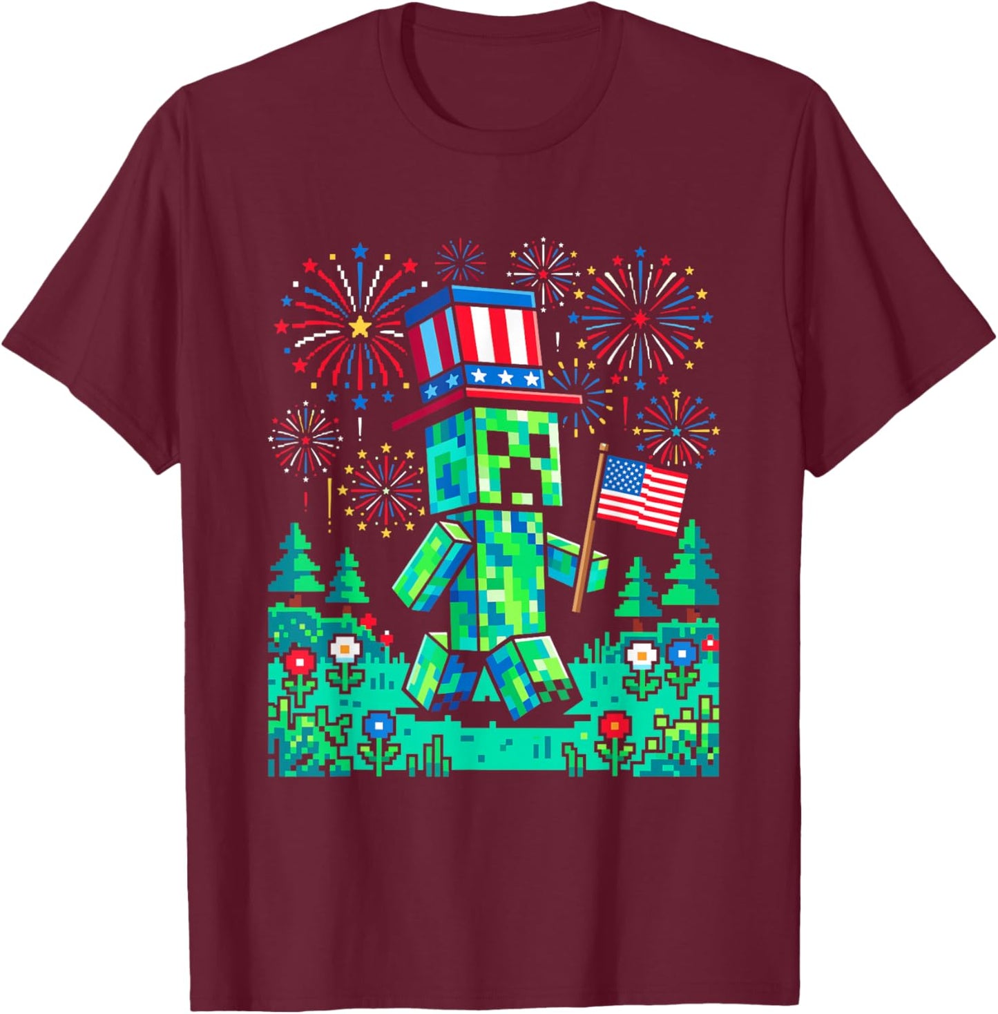 US Flag 4th of July Gamer Pixel Gaming Patriotic Boys Kids T-Shirt - T-Shirt | Maroon