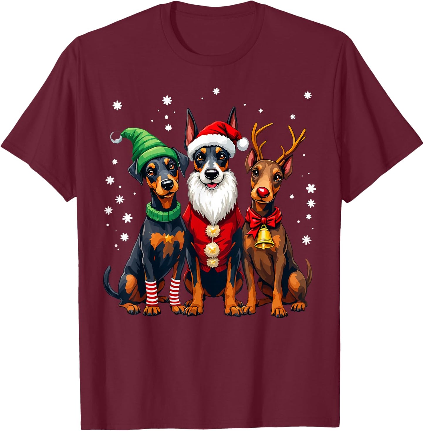 Doberman Pinscher Christmas Dogs Funny Santa Reindeer Elf T-Shirt - T-Shirt | Maroon