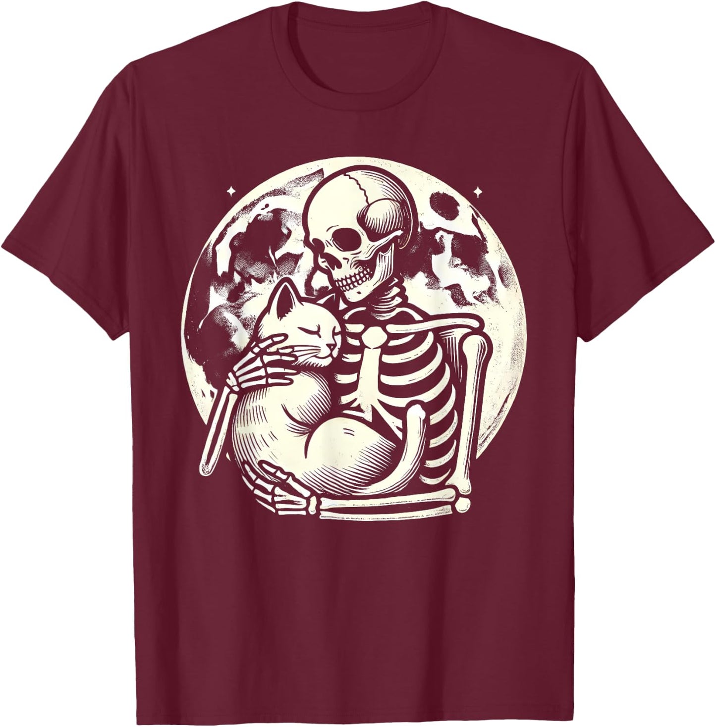 Skeleton Holding Cat Spooky Skull Halloween Gothic Kitty Women Kids T-Shirt - T-Shirt | Maroon