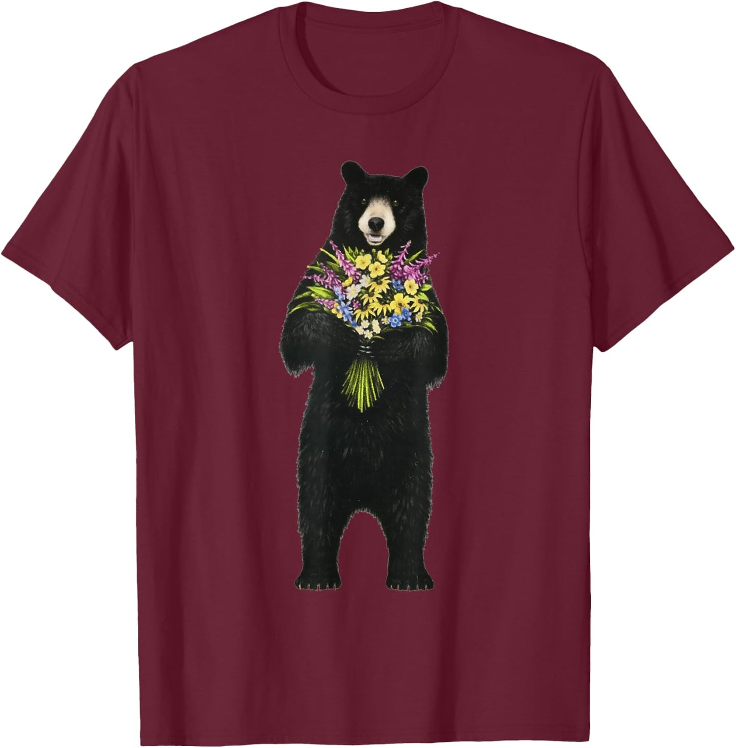 Black bear with a bouquet of wild flowers T-Shirt - T-Shirt | Maroon