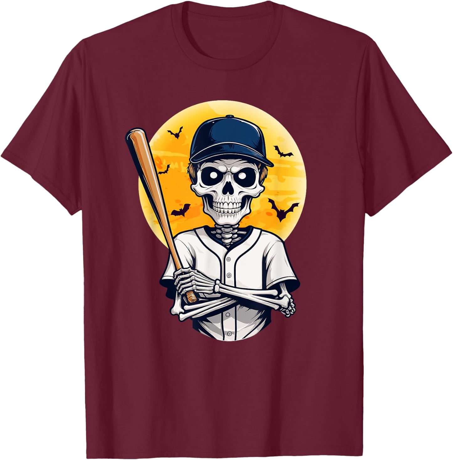 Baseball Skeleton Halloween Skeleton Playing Baseball T-Shirt - T-Shirt | Maroon