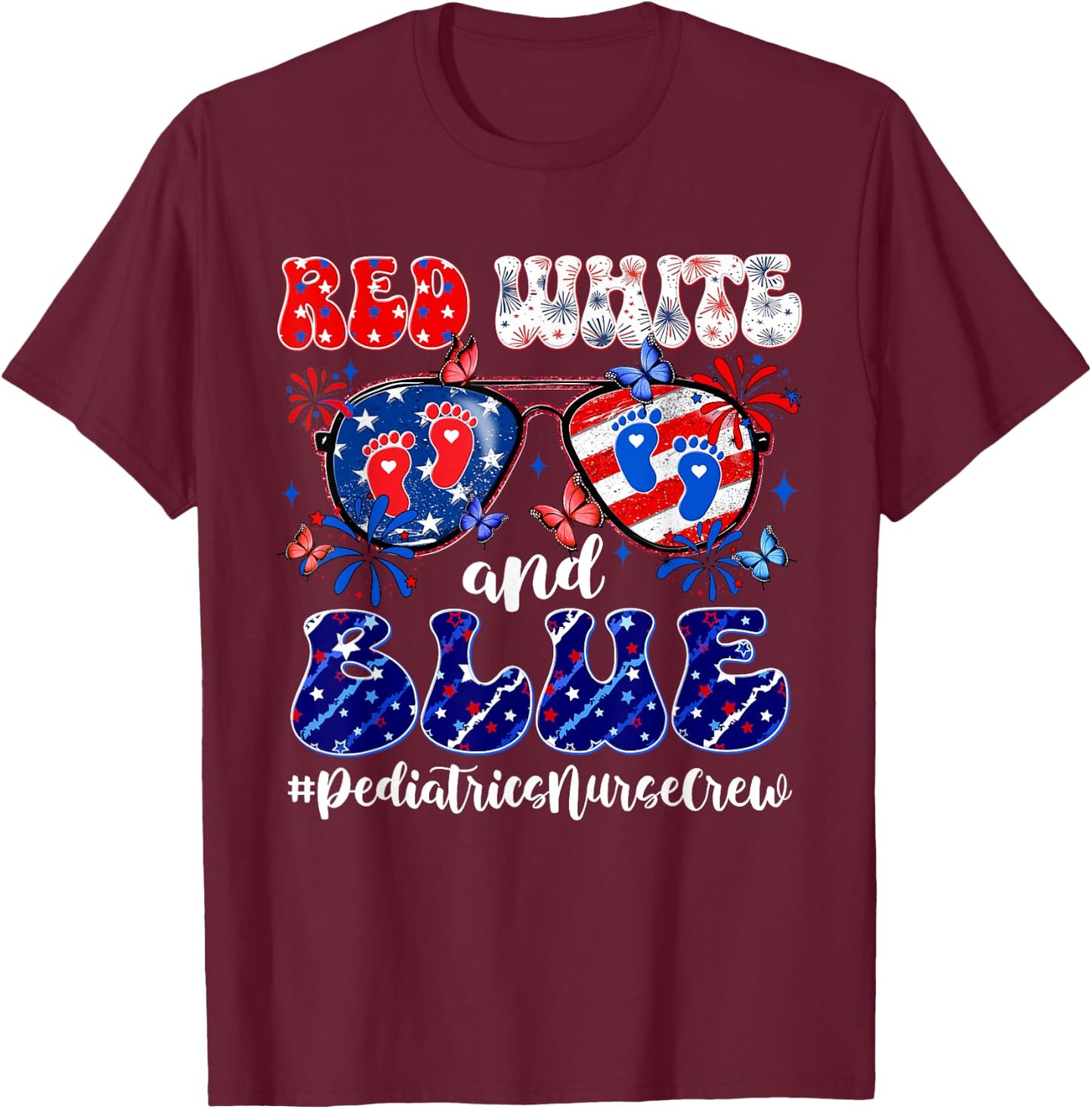 Red White & Blue Pediatrics Crew Pediatric Nurse 4th Of July Women Men T-Shirt - T-Shirt | Maroon