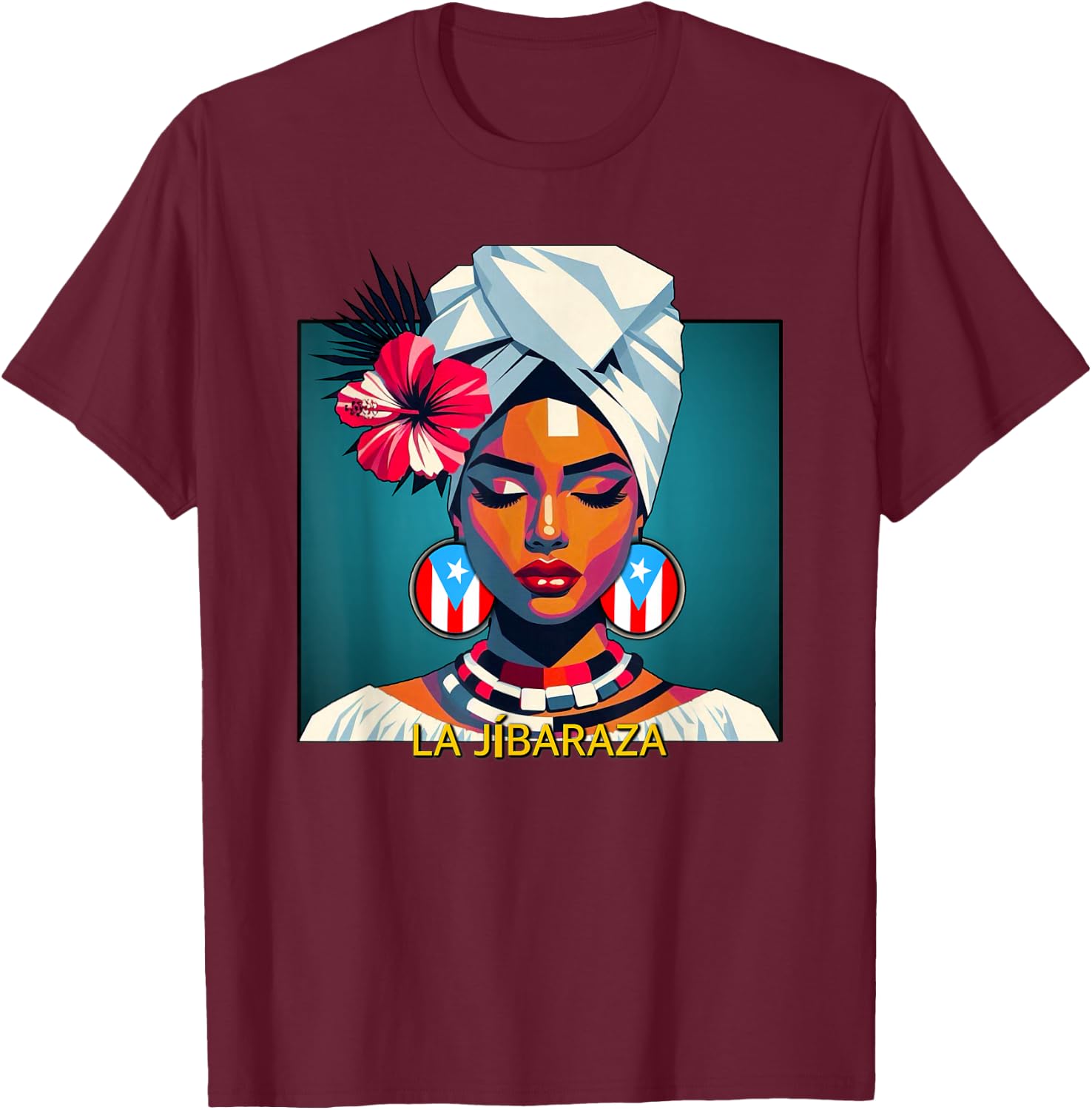 Jibaraza, Boricua Flag, Puerto Rican Jíbara Hibiscus Flower T-Shirt - T-Shirt | Maroon