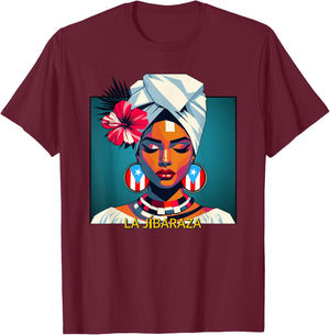 Jibaraza, Boricua Flag, Puerto Rican Jíbara Hibiscus Flower T-Shirt - T-Shirt | Maroon