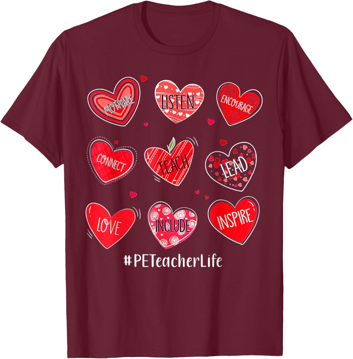 PE Teacher Hearts Valentines Valentines Day T-Shirt - T-Shirt | Maroon