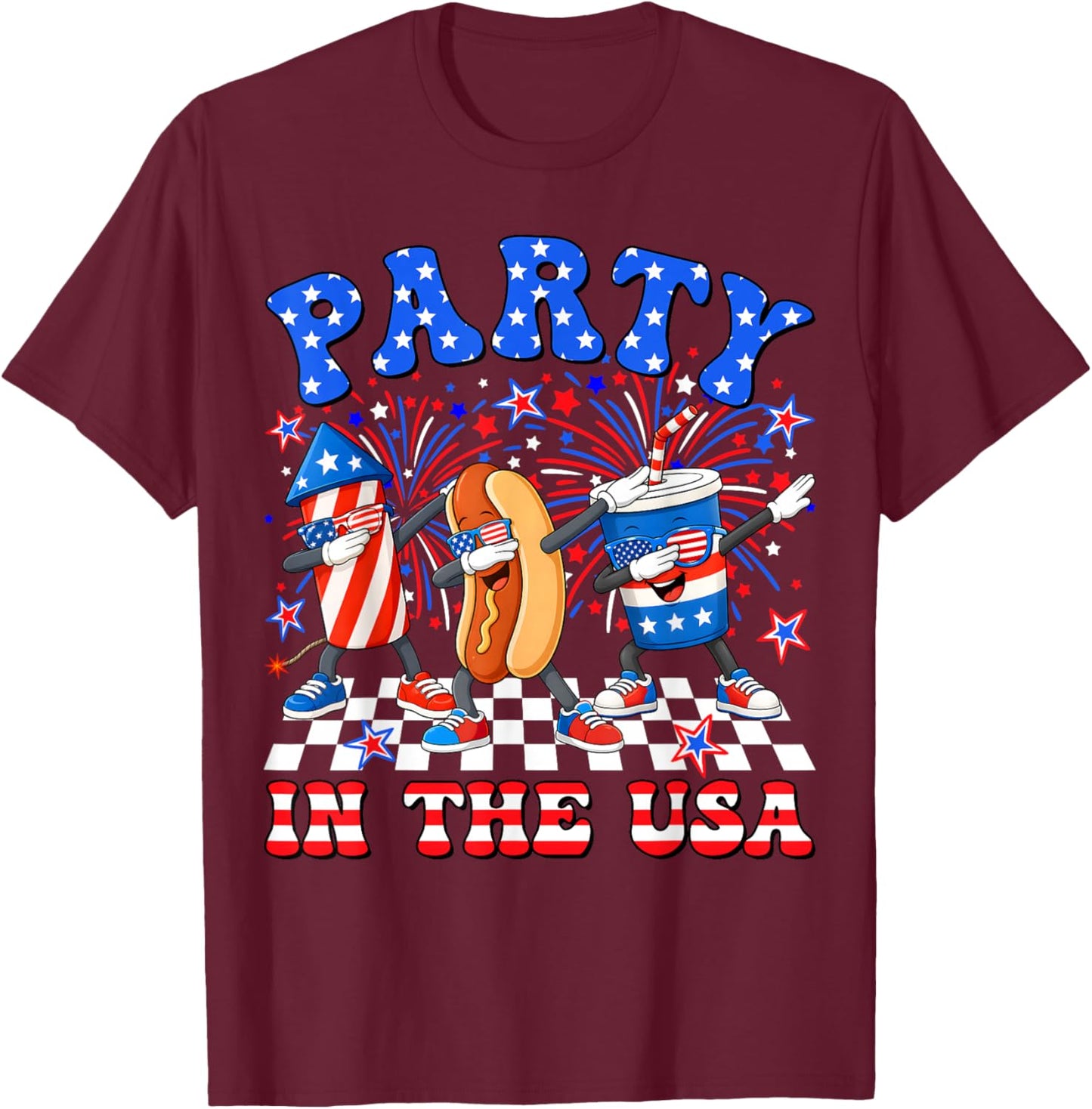Party in The USA Funny Dabbing Hot Dog Firework 4th of July T-Shirt - T-Shirt | Maroon