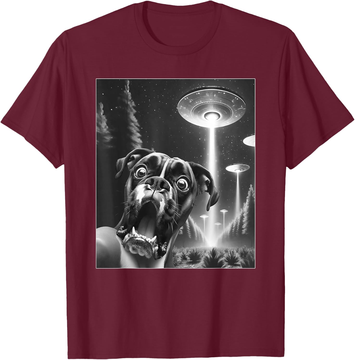 Funny Boxer Dog Alien UFO Taking a Selfie Dog Mom Dad Men Women Girls Kids T-Shirt - T-Shirt | Maroon