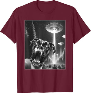 Funny Boxer Dog Alien UFO Taking a Selfie Dog Mom Dad Men Women Girls Kids T-Shirt - T-Shirt | Maroon