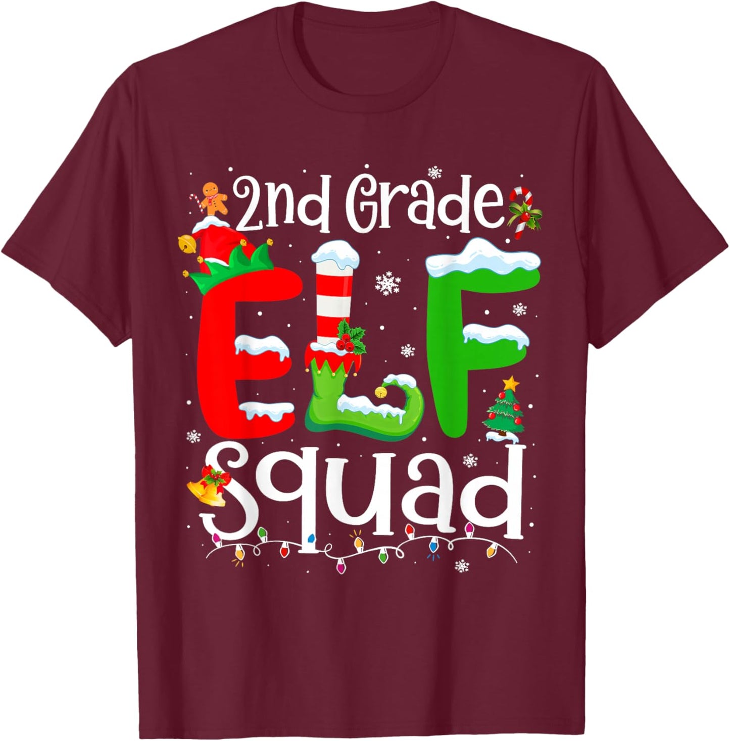 2nd Grade Elf Squad Funny Teacher Christmas Students T-Shirt - T-Shirt | Maroon