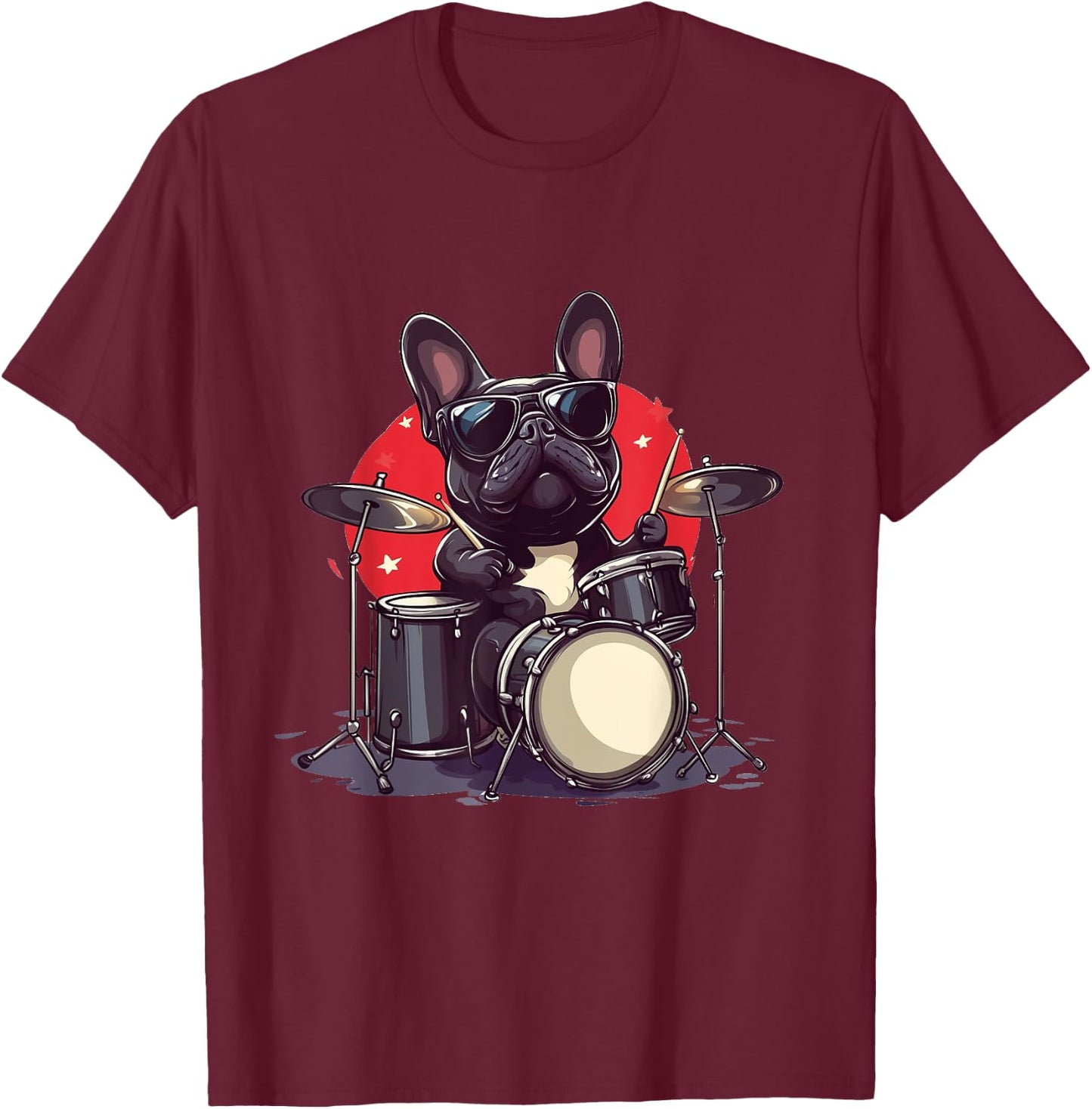 French Bulldog Playing The Drums Musician Dog Rock Band Dog T-Shirt - T-Shirt | Maroon