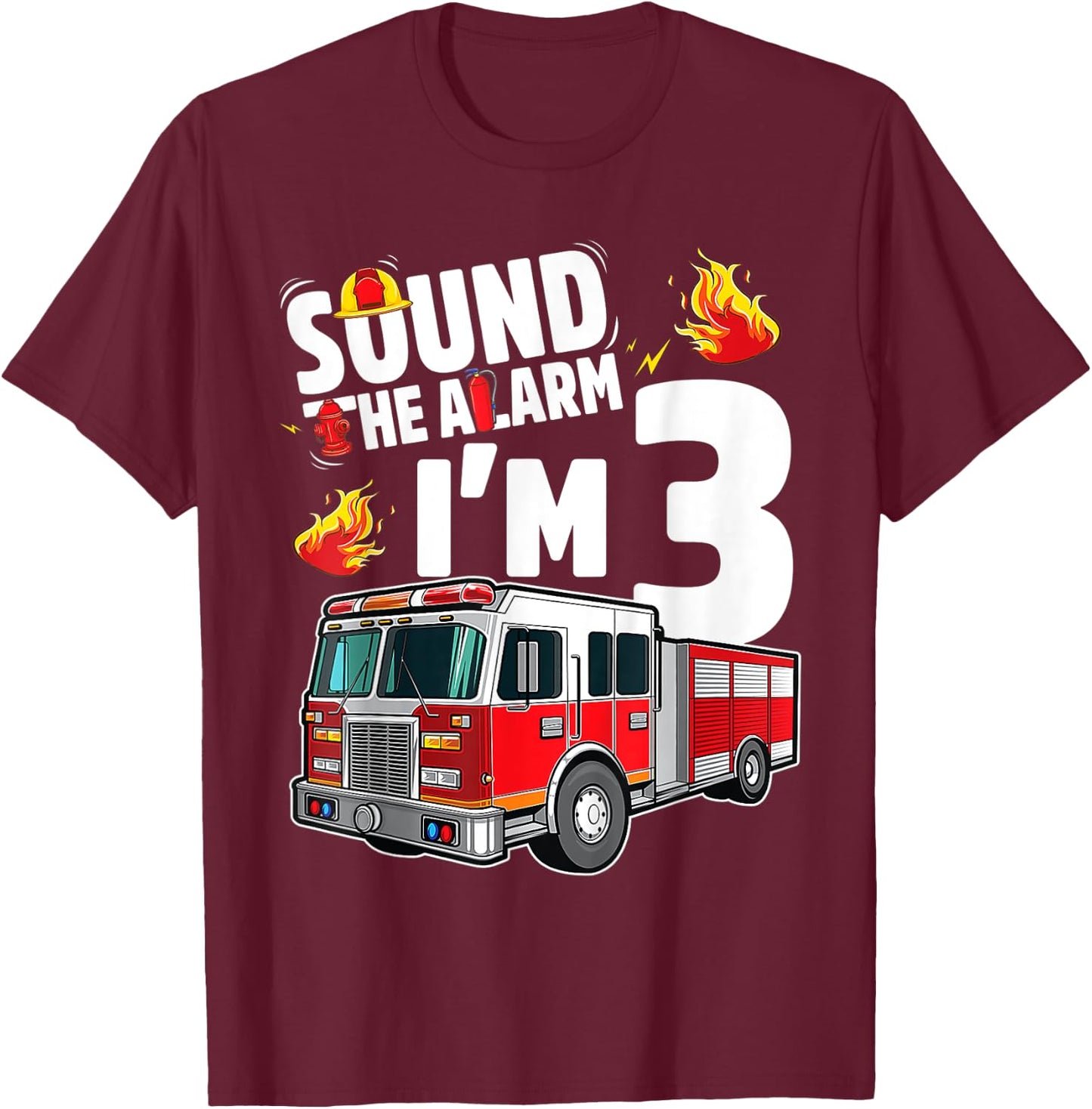 Kids Fire Truck 3rd Birthday Boy Firefighter 3 Year Old T-Shirt - T-Shirt | Maroon