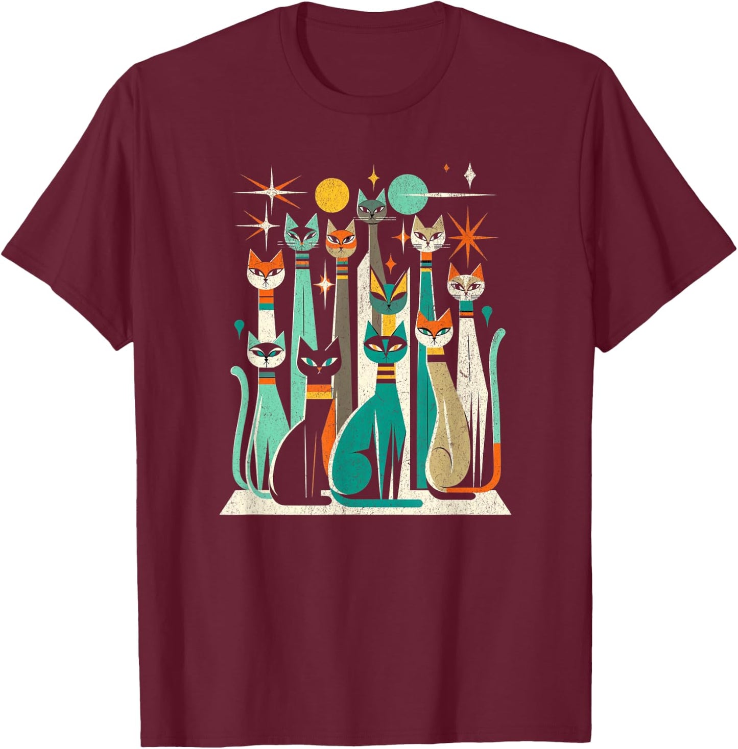 Vintage Retro Mid-Century Long Neck Cats 50s 60s Style T-Shirt - T-Shirt | Maroon