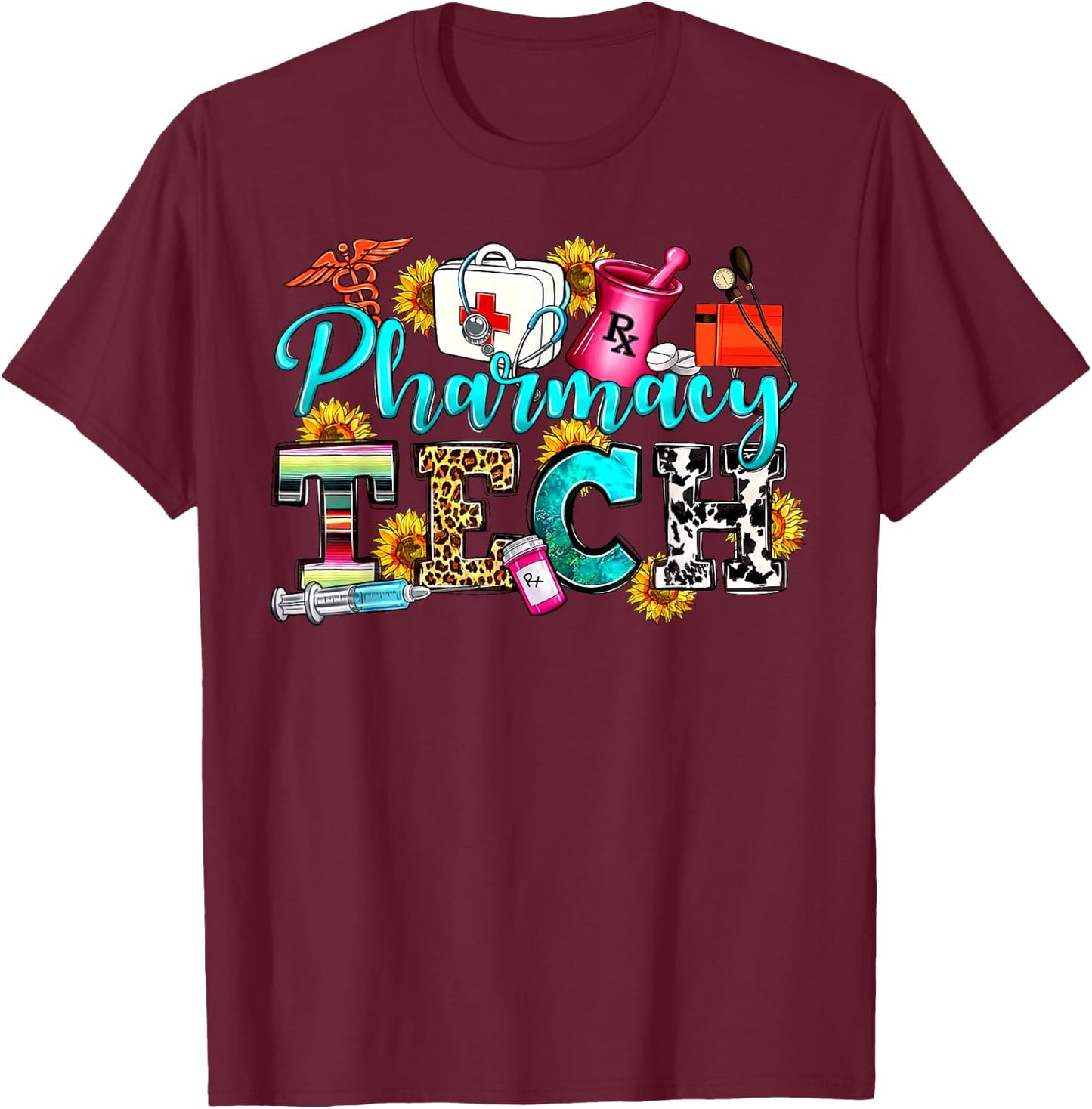 Retro Leopard Pharmacy Tech Pharmacist Certified Pharm Tech T-Shirt - T-Shirt | Maroon