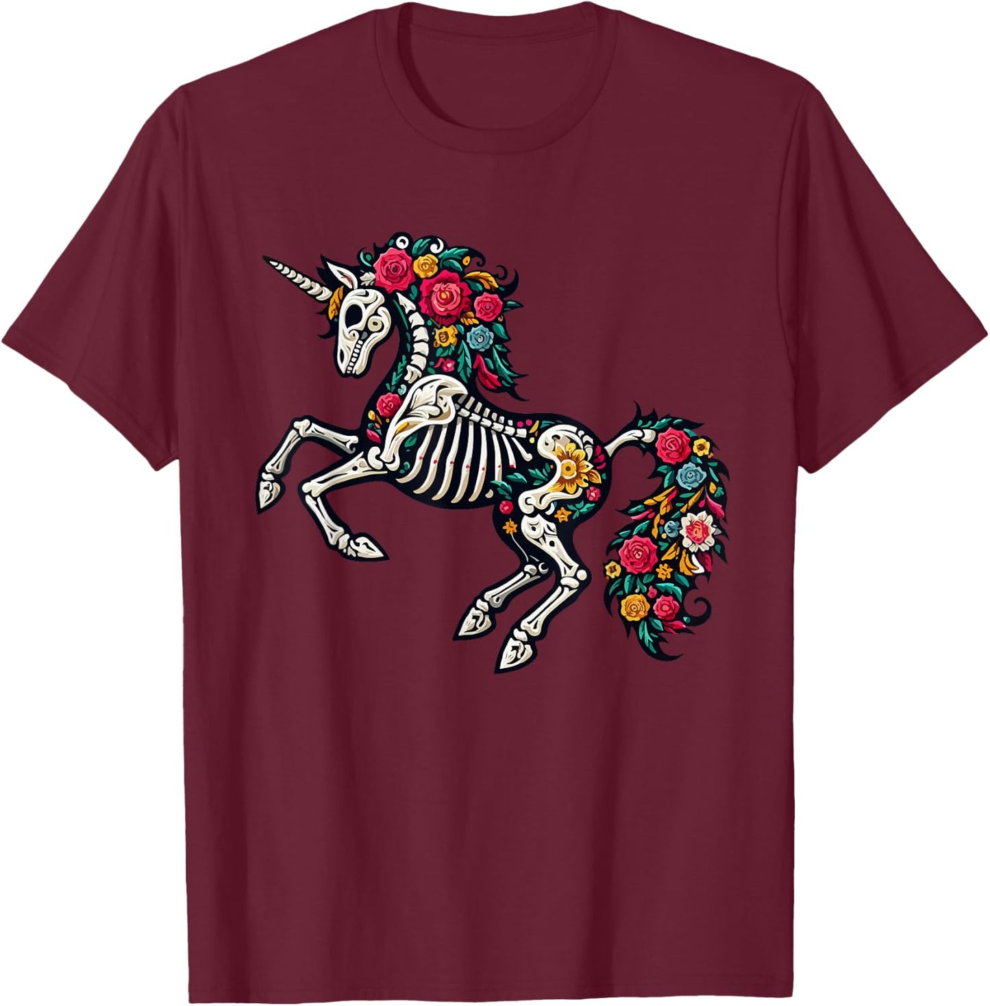 Floral Skeleton Unicorn Mexican Dia De Los Muertos Halloween T-Shirt - T-Shirt | Maroon