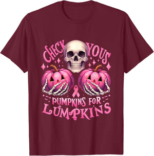 Check Your Pumpkins For Lumpkins Halloween Breast Cancer T-Shirt - T-Shirt | Maroon