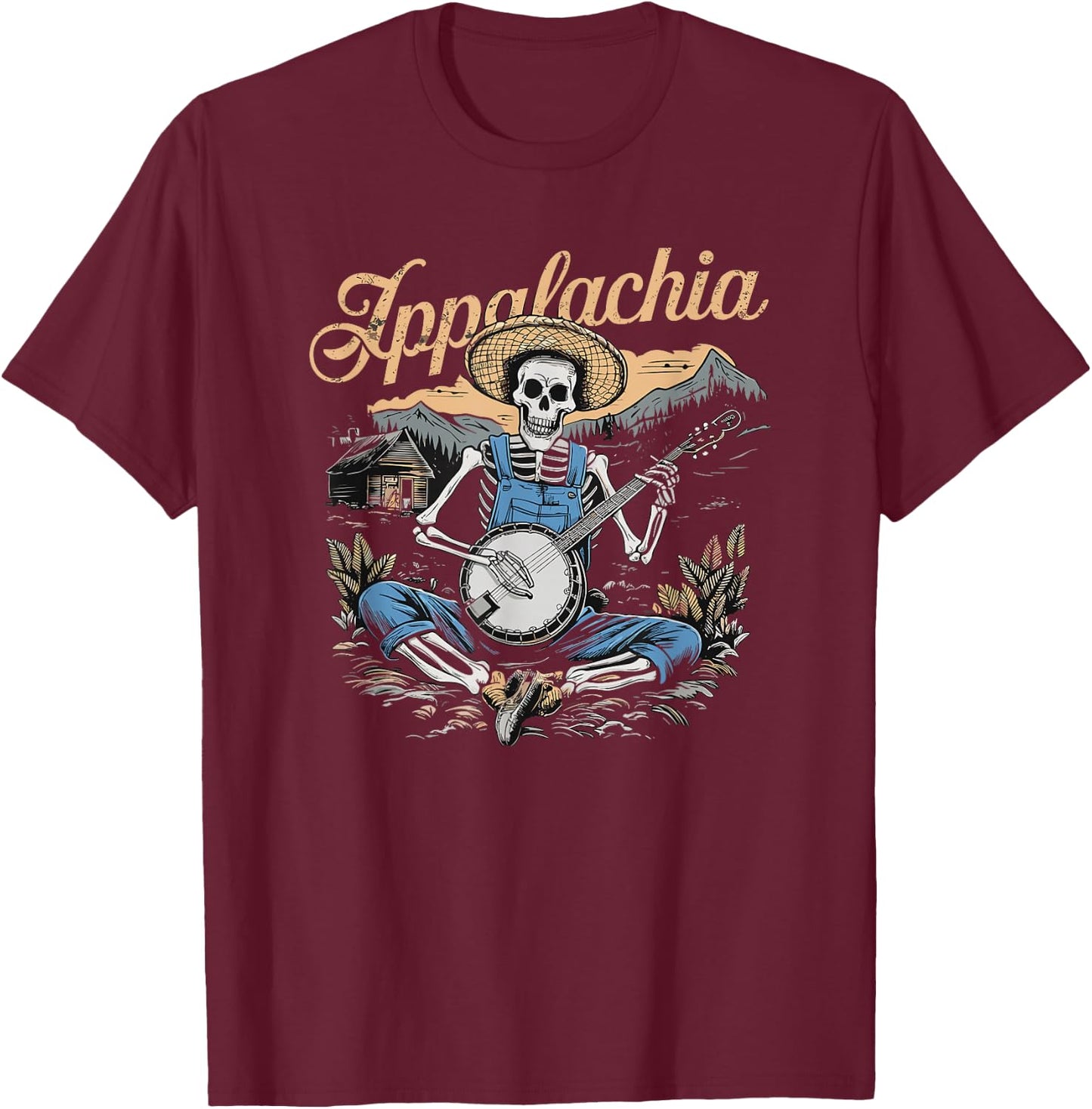Bluegrass Banjo Skeleton, Appalachia, Bluegrass Music T-Shirt - T-Shirt | Maroon
