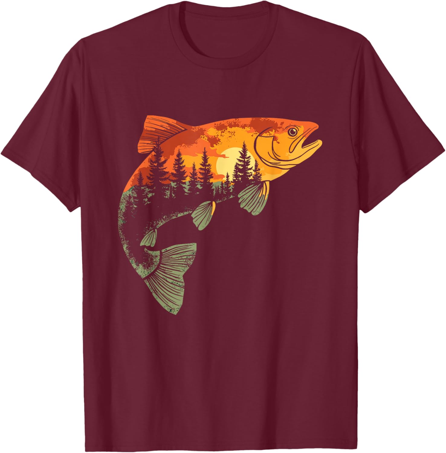 Fishing, Trout, Fly Fishing, Angler Fisherman, Nature Forest T-Shirt - T-Shirt | Maroon