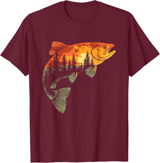 Fishing, Trout, Fly Fishing, Angler Fisherman, Nature Forest T-Shirt - T-Shirt | Maroon