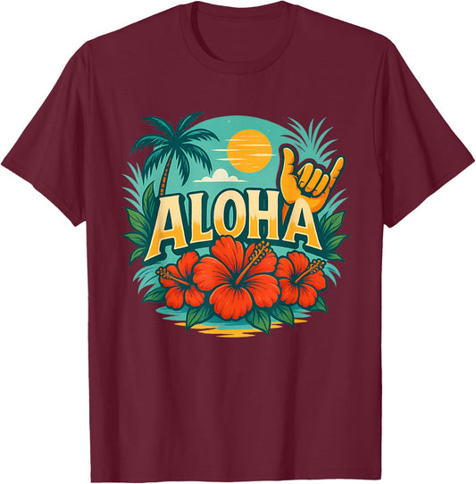 Cute Aloha Hawaiian Summer Vacation Hibiscus Shaka Girl Kids T-Shirt - T-Shirt | Maroon