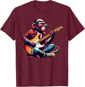 Monkey Wearing Sunglasses Playing Guitar Musician Music T-Shirt - T-Shirt | Maroon