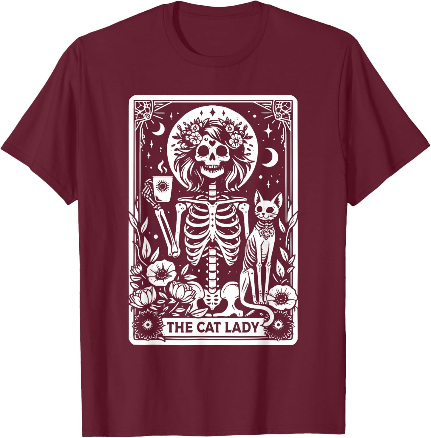 The Cat Lady Tarot Cards Skeleton Coffee Cat Tarot Card T-Shirt - T-Shirt | Maroon