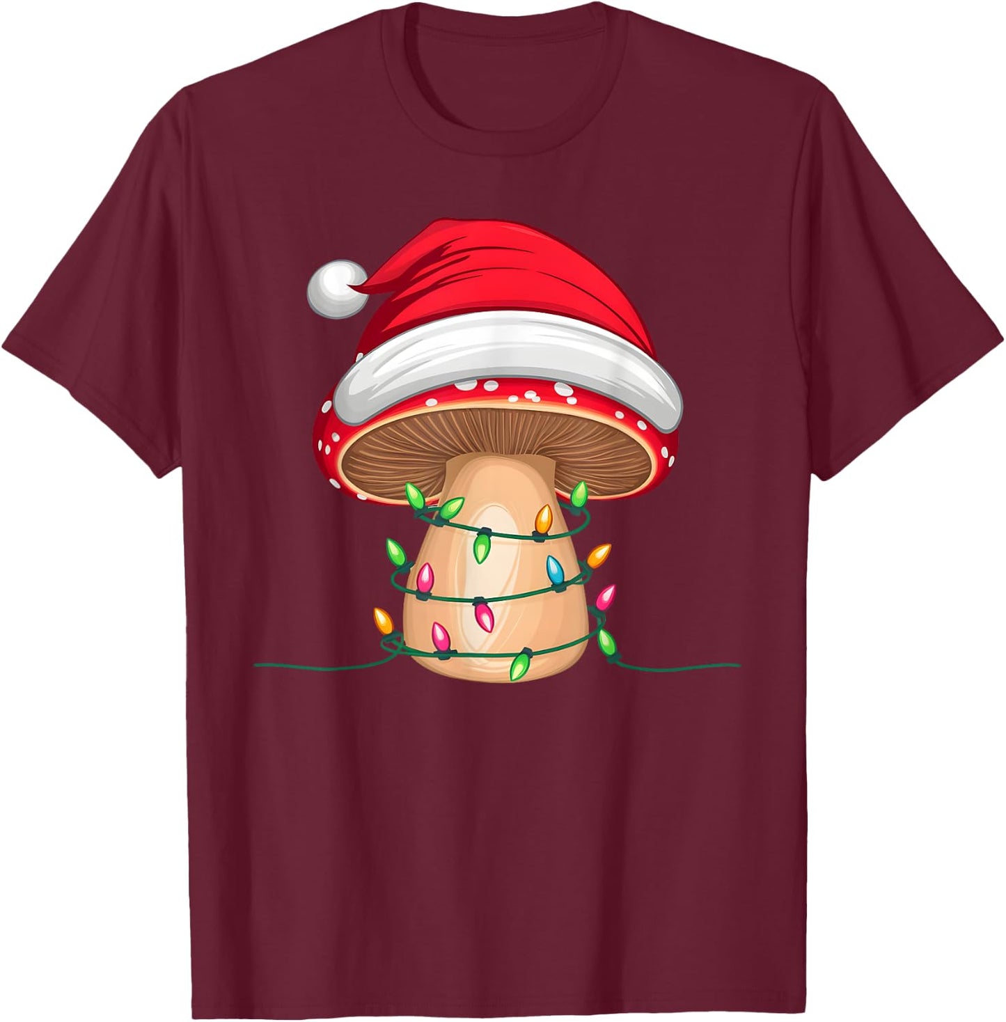 Xmas Lighting Santa Hat Mushroom Christmas T-Shirt - T-Shirt | Maroon