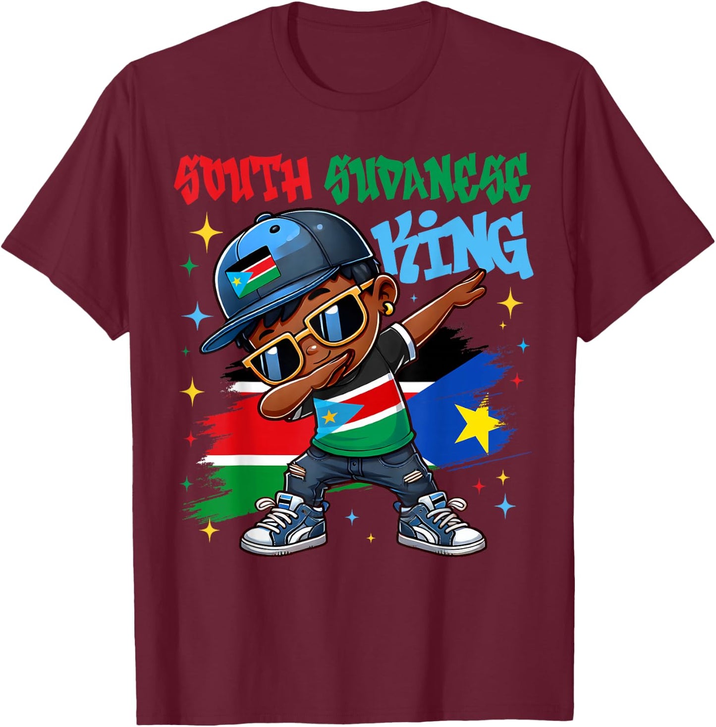 South Sudanese King Dabbing South Sudan Flag Pride for Kids T-Shirt - T-Shirt | Maroon