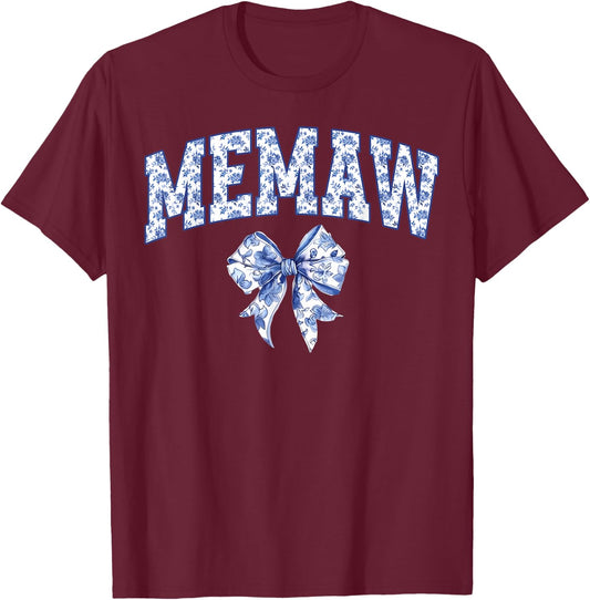 Memaw Coquette Toile Blue Bow Floral Family Matching T-Shirt - T-Shirt | Maroon