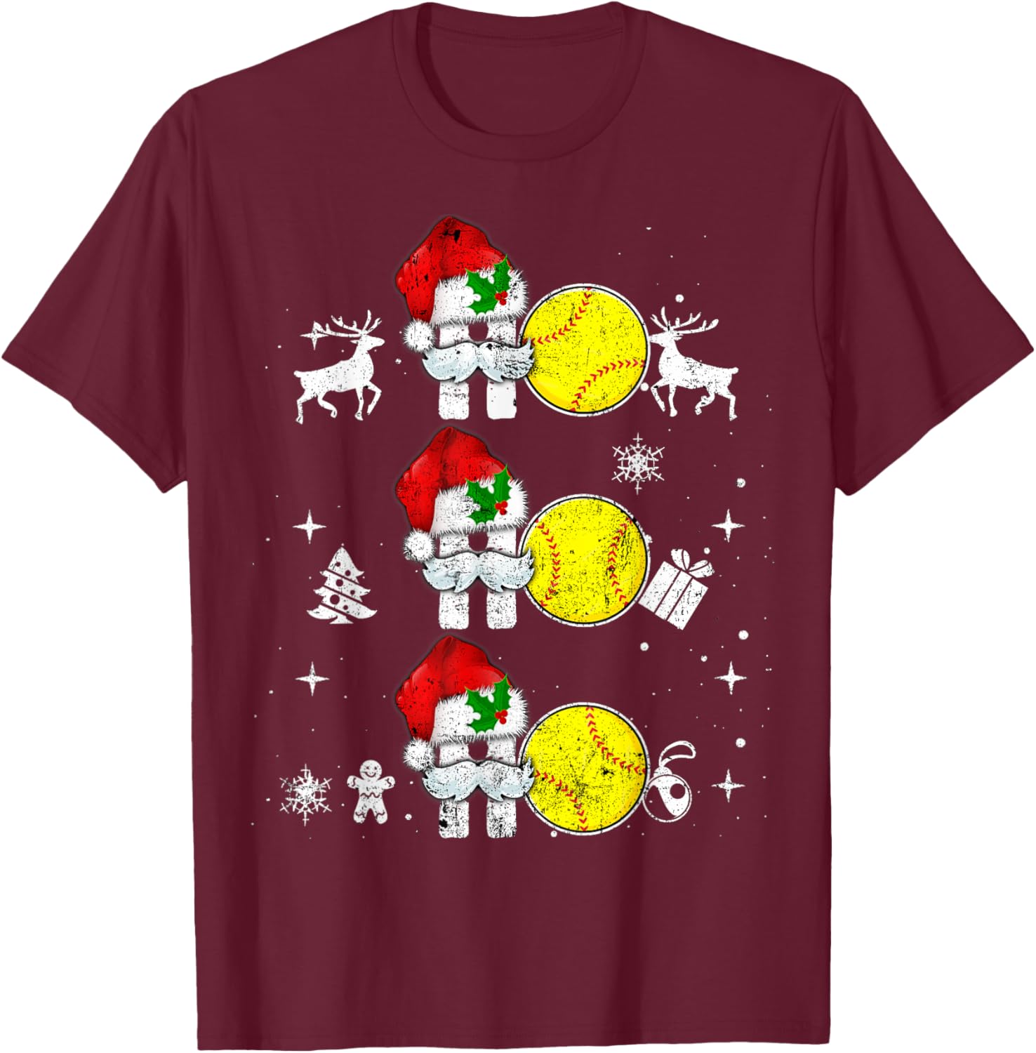 Christmas Softball Ho Ho Funny Xmas Sport Reindeer Santa Hat T-Shirt - T-Shirt | Maroon