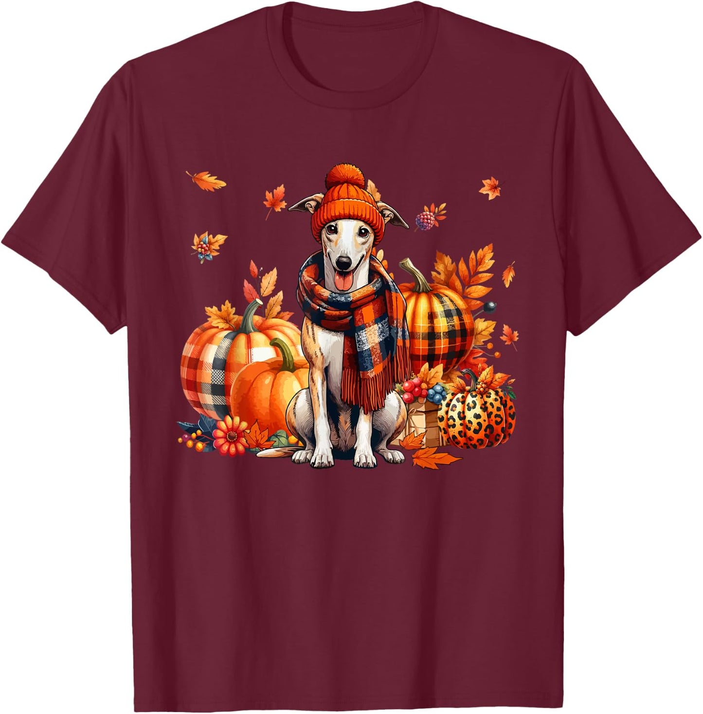Whippet Thanksgiving Leopard Pumpkins Fall Leaves Lover T-Shirt - T-Shirt | Maroon