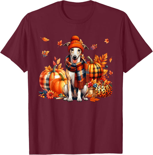 Whippet Thanksgiving Leopard Pumpkins Fall Leaves Lover T-Shirt - T-Shirt | Maroon