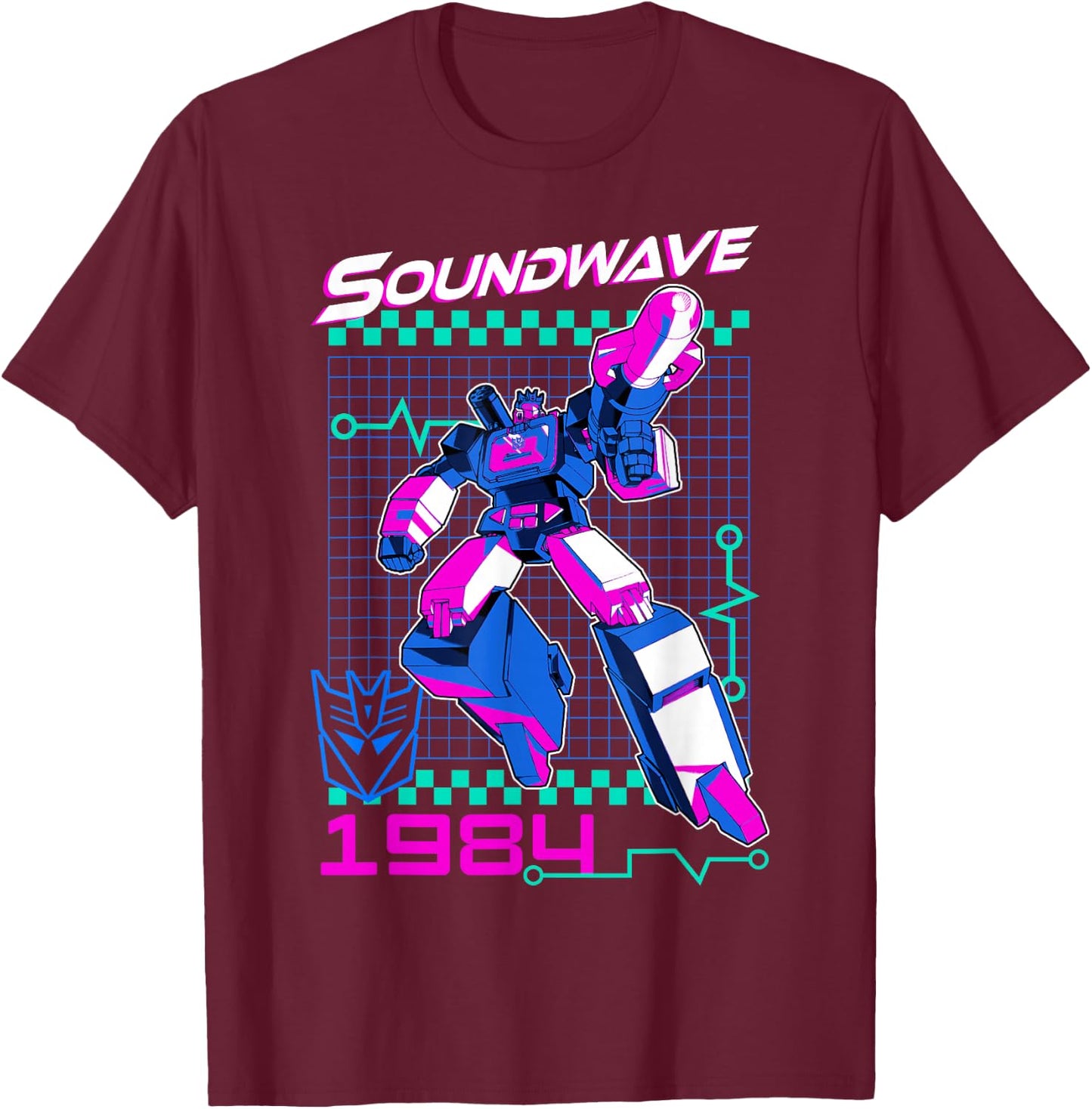 Transformers Soundwave 1984 Retro Grid Logo -Adults - Black - Small T-Shirt - T-Shirt | Maroon