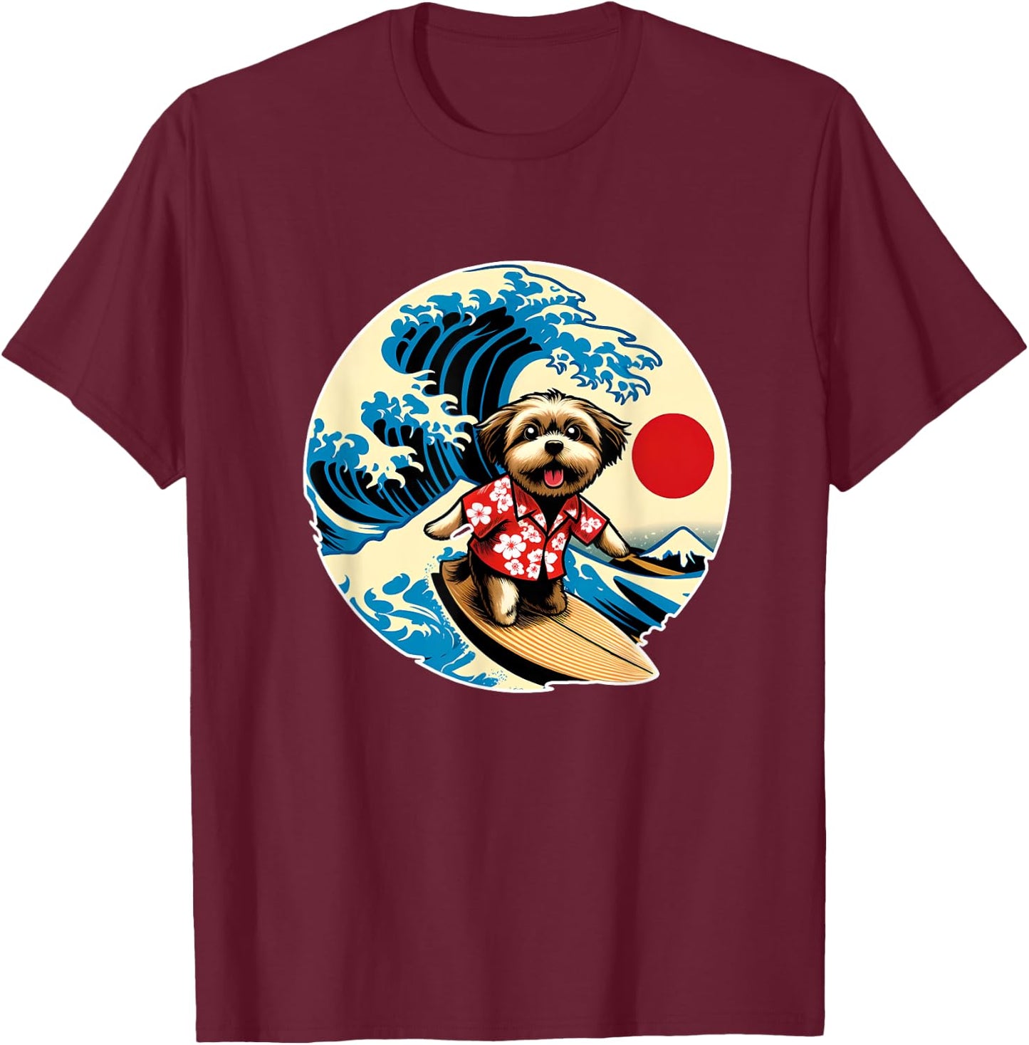 Great Wave Kanagawa Morkie dog Surfing Women Kids T-Shirt - T-Shirt | Maroon