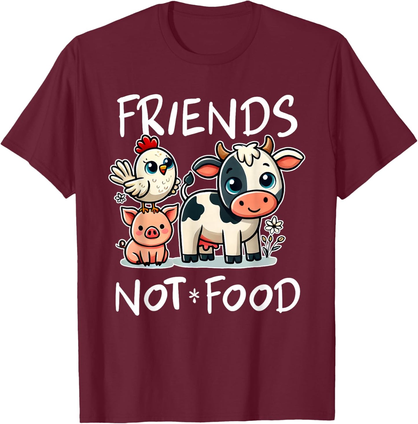 Friends Not Food Funny Vegan Vegetarian Cute Animals Gift T-Shirt - T-Shirt | Maroon