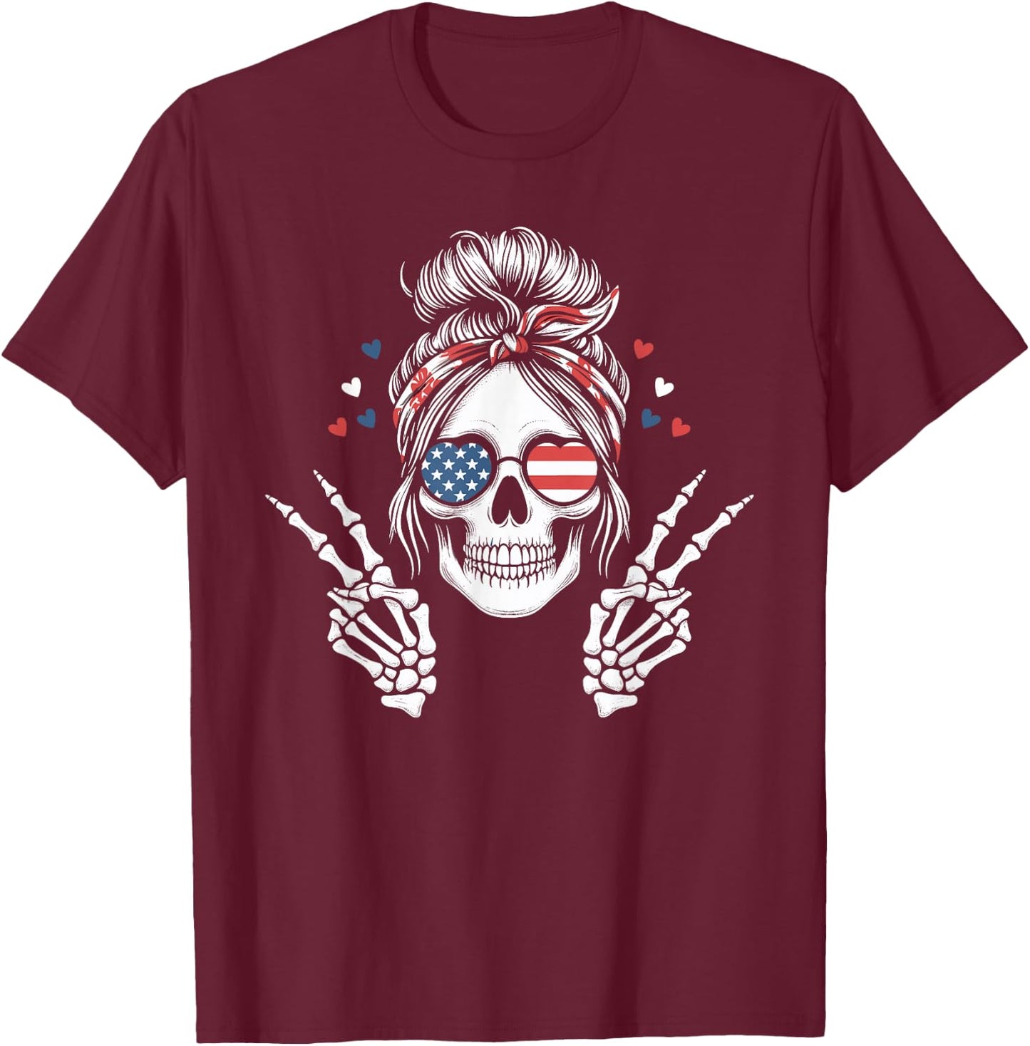 Patriotic American Flag Skull Messy Bun Peace USA 4th July T-Shirt - T-Shirt | Maroon