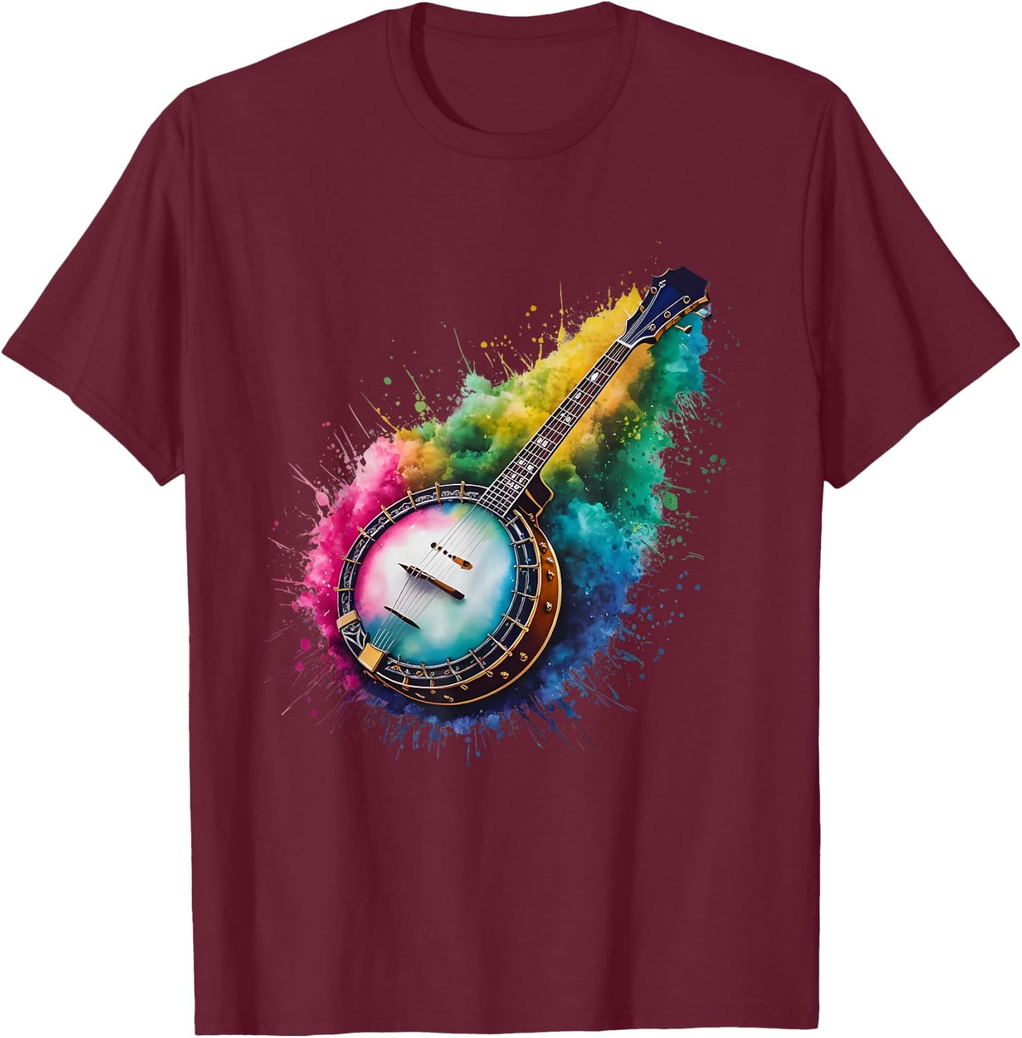 Playing Banjo Men Woman Colorful Watercolor Banjo T-Shirt - T-Shirt | Maroon