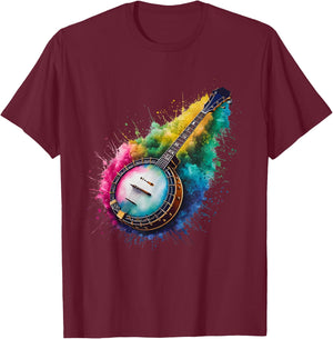 Playing Banjo Men Woman Colorful Watercolor Banjo T-Shirt - T-Shirt | Maroon