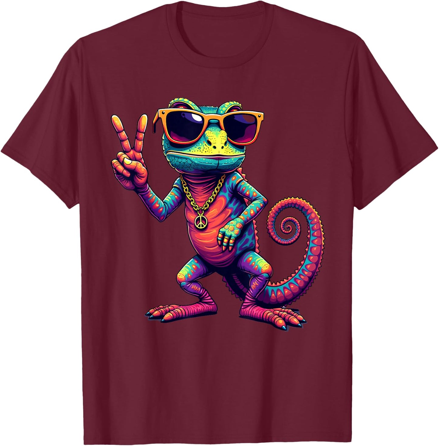 Groovy Peace Chameleon,, Funny Vintage Chameleon T-Shirt - T-Shirt | Maroon