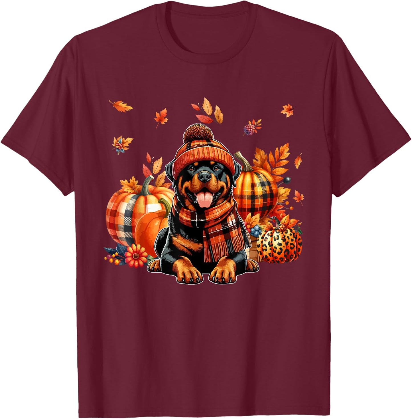 Rottweiler Thanksgiving Leopard Pumpkins Fall Leaves Lover T-Shirt - T-Shirt | Maroon