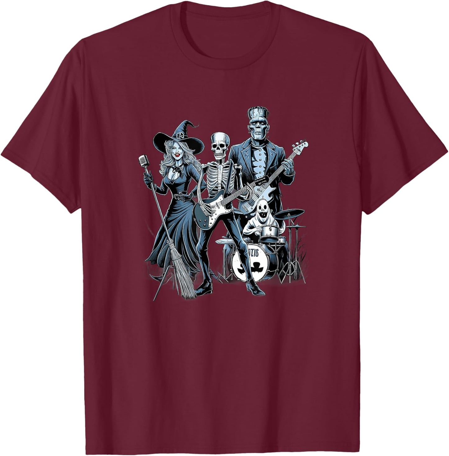 Rock Band Halloween Witch Skeleton Frankenstein Ghost T-Shirt - T-Shirt | Maroon