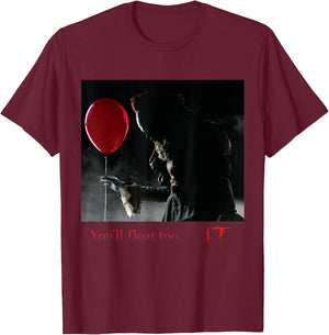 IT Films/TV Series - Pennywise You'll Float Too Red Balloon T-Shirt - T-Shirt | Maroon