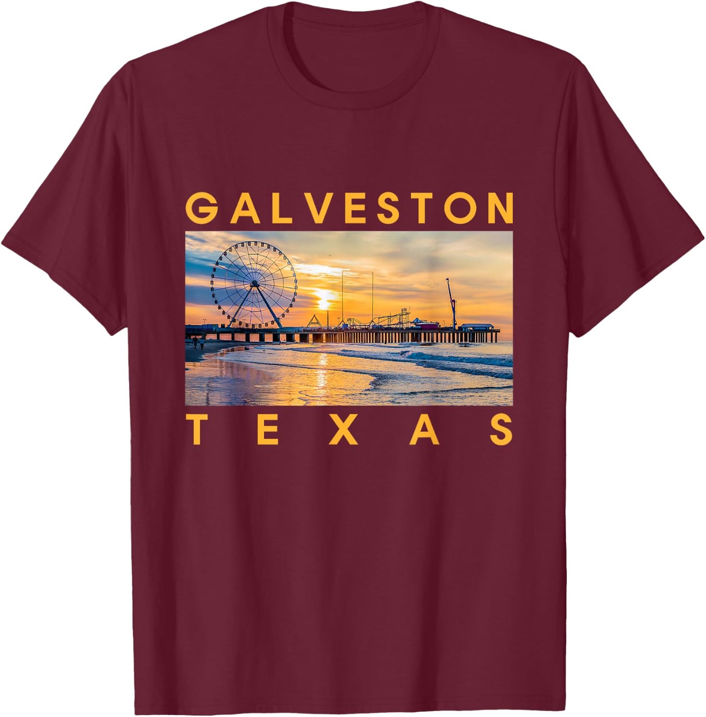 Texas Galveston Beach Pier Amusement Park Skyline In Sunset T-Shirt - T-Shirt | Maroon