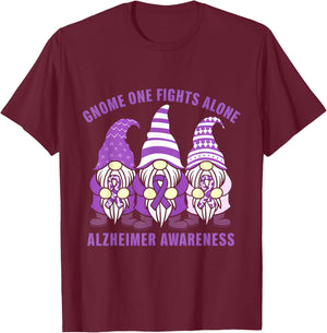 Gnome One Fights Alone Alzheimer Awareness Purple Ribbon T-Shirt - T-Shirt | Maroon