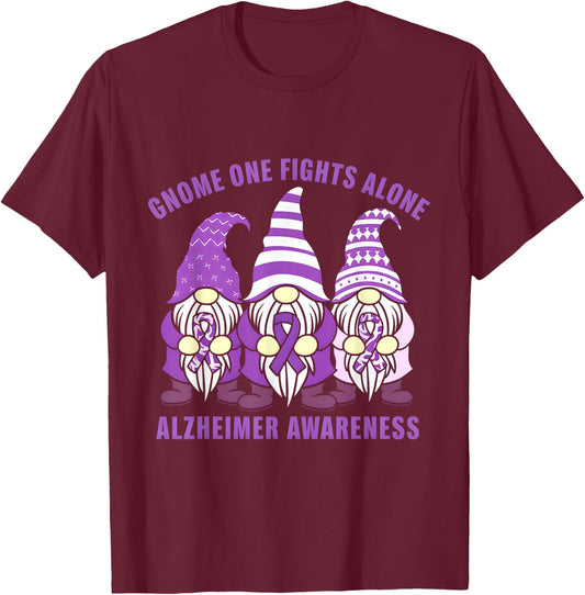 Gnome One Fights Alone Alzheimer Awareness Purple Ribbon T-Shirt - T-Shirt | Maroon