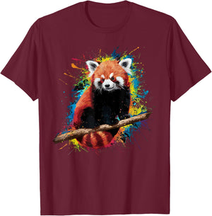 Colorful Paint Splash Red Panda Art Graphic T-Shirt - T-Shirt | Maroon
