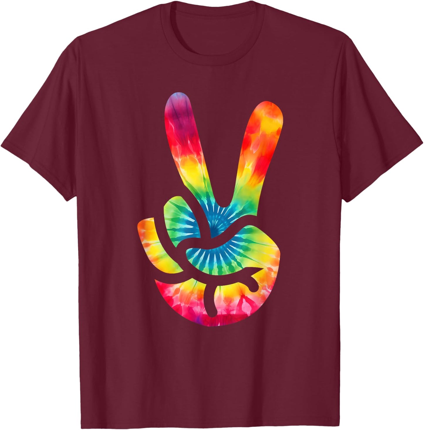 Peace Sign V Fingers Sign Tie Dye Peace T-Shirt - T-Shirt | Maroon