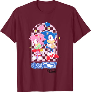 Sonic The Hedgehog Amy Rose & Sonic Kawaii Kanji Portrait T-Shirt - T-Shirt | Maroon