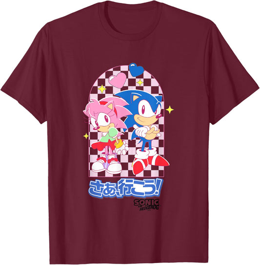 Sonic The Hedgehog Amy Rose & Sonic Kawaii Kanji Portrait T-Shirt - T-Shirt | Maroon