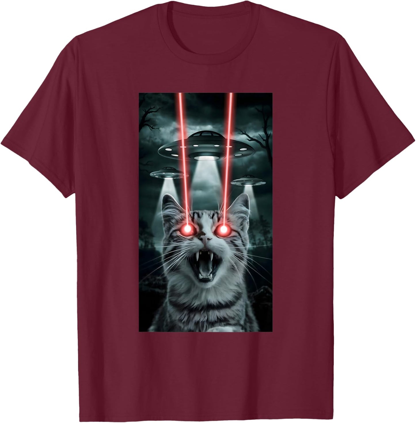 Alien Cat Selfie With Ufo Laser Eyes T-Shirt - T-Shirt | Maroon