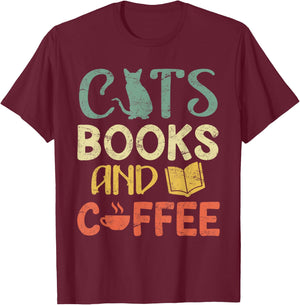 Cats books and coffee Cafe Coffee Drinker T-Shirt - T-Shirt | Maroon
